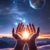 Жұлдызды аспан мен планеталар фонында жарықты ұстап тұрған қолдар, космос және рухани тақырыпты бейнелеу.