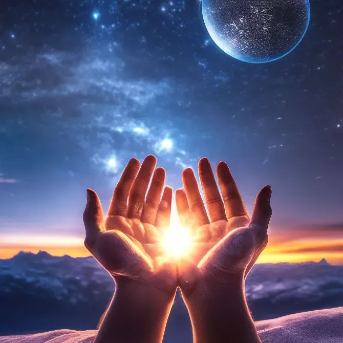 Руки, держащие свет на фоне звездного неба и планеты, изображение космоса и духовной темы