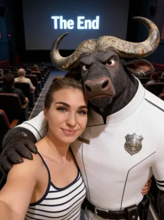 Селфи с анимационным персонажем кролика и женщиной в кинотеатре