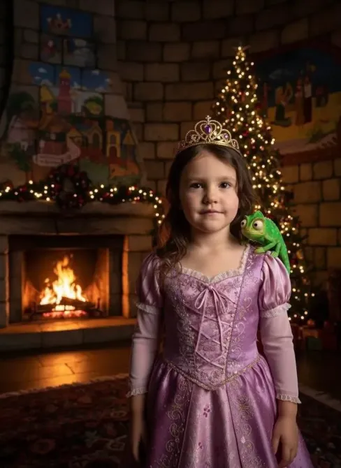 Девочка в принцессном платье с анимационным ящерицей на плече у камина