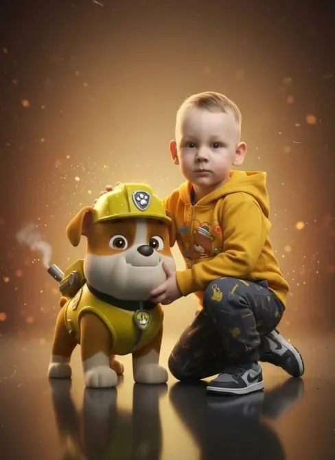 Мальчик с анимационным щенком-спасателем в желтой форме