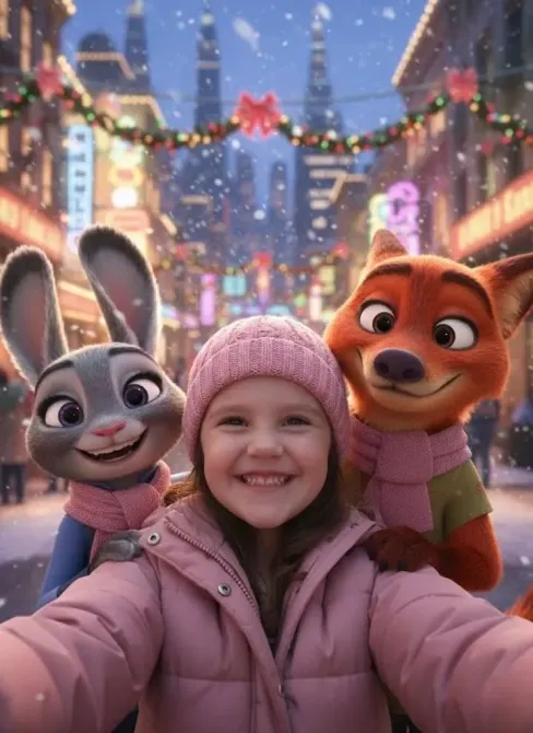 Девочка с анимационными персонажами кроликом и лисой на зимней улице