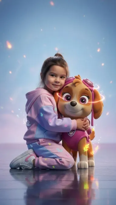 Девочка с анимационным щенком в розовом наряде