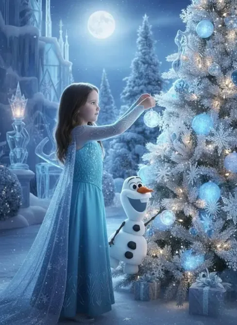 Девочка наряжает рождественскую елку с анимационным снеговиком