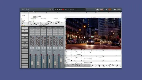 Программное обеспечение для создания музыки с интерфейсом, отображающим дорожки и ноты на фоне городской улицы ночью