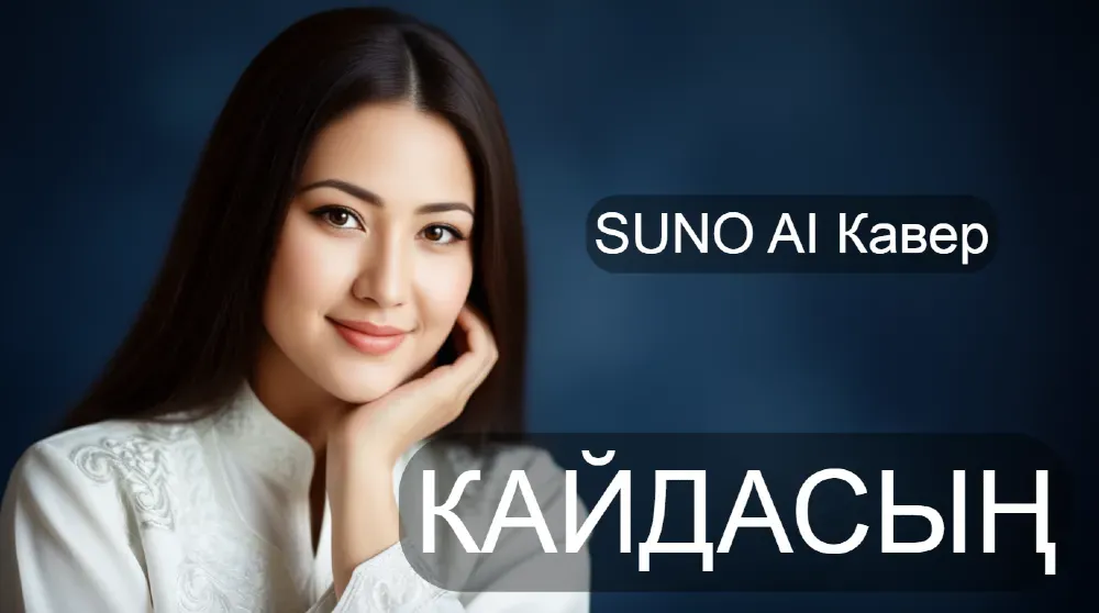 SUNO AI Кавер - күліп тұрған жас әйел қара фон алдында