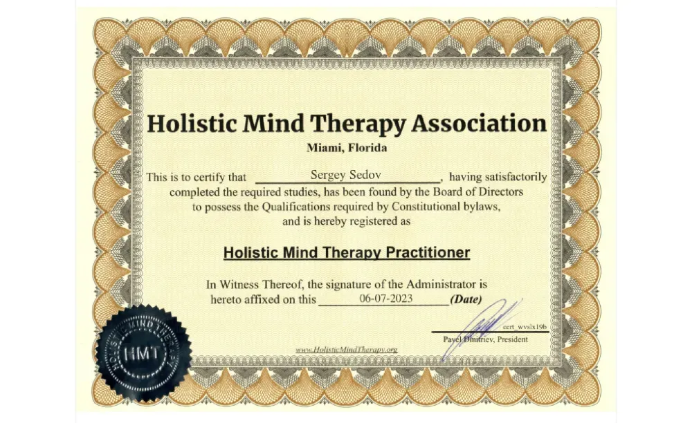 Holistic Mind Therapy Association-нан практикалық терапевттің біліктілігі туралы сертификат