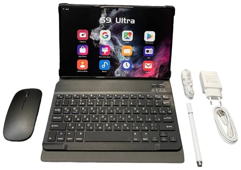 Планшет с клавиатурой, стилусом, мышью и зарядным устройством. На экране показаны иконки приложений