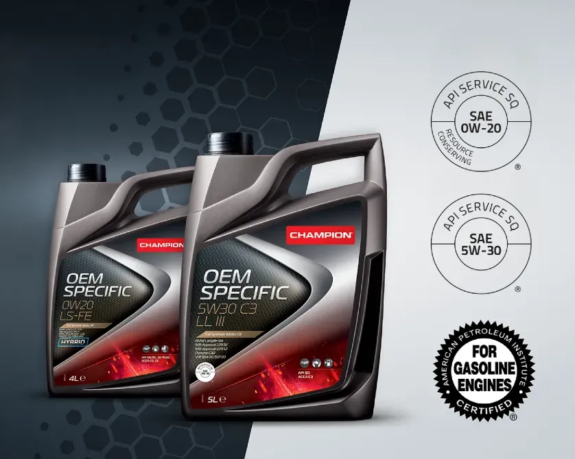 Champion OEM Specific 0W-20 және 5W-30 майлары пакеттегі
