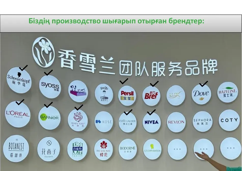 Производственные бренды на стене | Сертификаты качества и соответствия | Разнообразие косметических и парфюмерных брендов