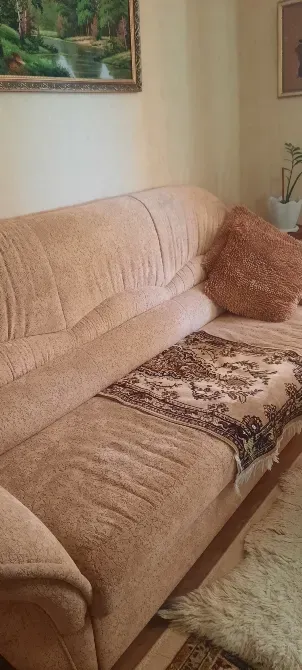 Комфортный диван с подушкой и текстильным покрывалом в интерьере