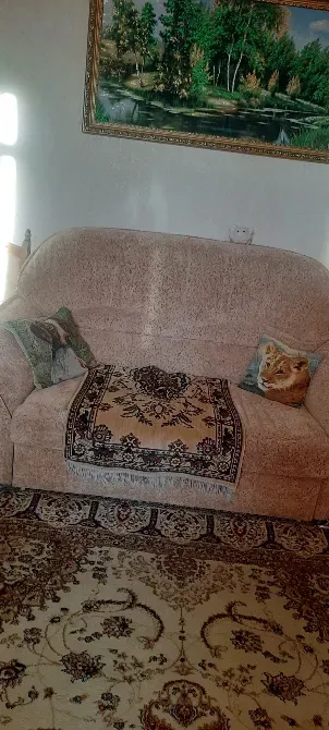 Уютный диван с декоративными подушками и текстильным покрытием на ковре