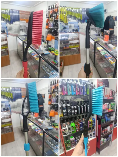 Четыре изображения щеток для чистки, одна с красной щетиной, другая с синей, обе представлены в магазине с товарами для дома