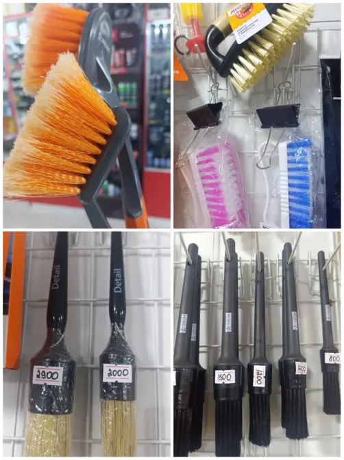 Чистящие щетки различных цветов и форм, кисти для нанесения, товары для ухода за автомобилями