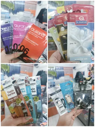 Ассортимент автомобильных ароматизаторов с различными ароматами, представленными в упаковках