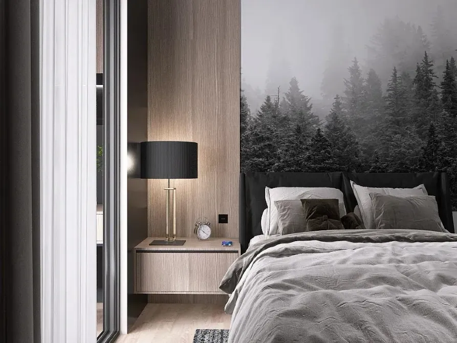 Орманның әдемі фонындағы жайлы жарықпен безендірілген ұйықтайтын бөлме