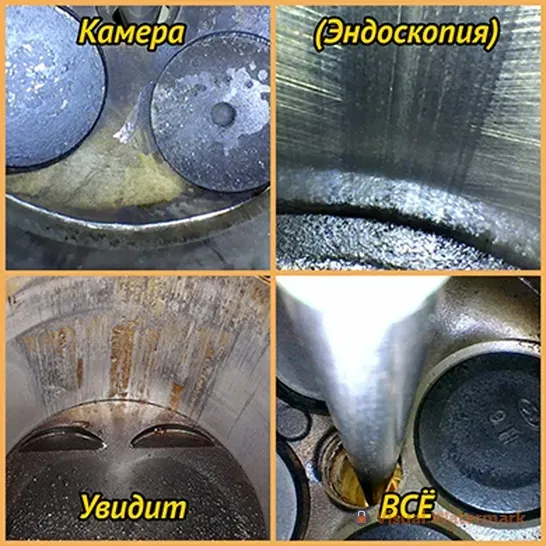 Коллаж с изображениями эндоскопической камеры и деталей двигателя