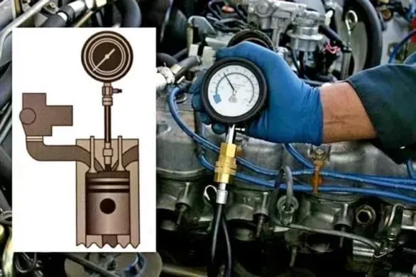 Изображение с проверкой давления компрессии в двигателе автомобиля