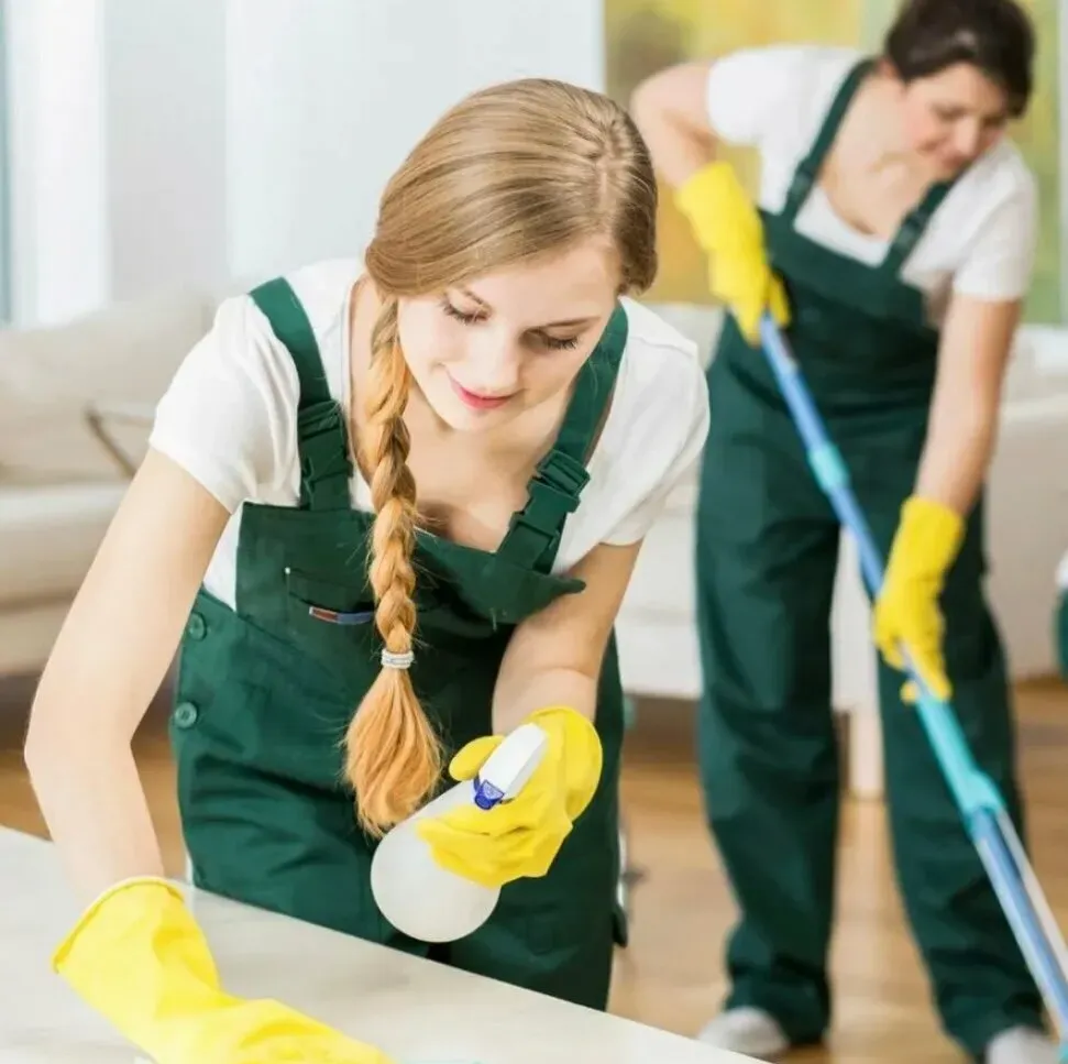 Уборка в помещении, две женщины в зеленой рабочей одежде и перчатках, одна из них очищает поверхность, другая использует швабру