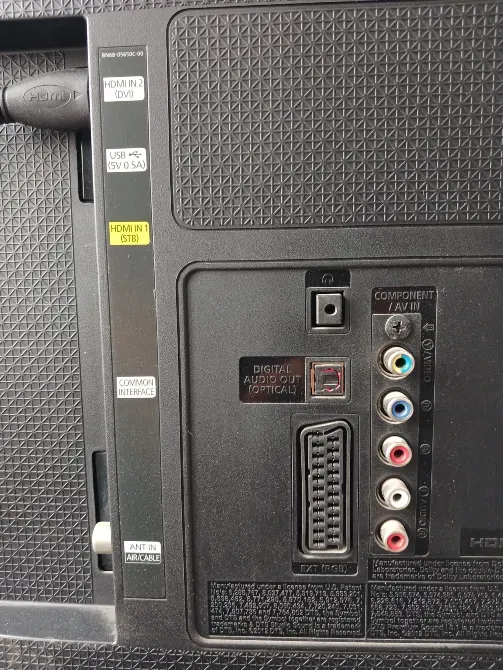 Телевизордың артқы панелінде HDMI және аудио разъемдарымен қосылу қабырғалары.