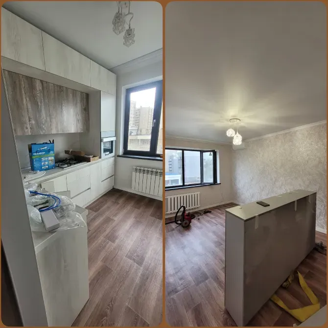 Кухня с мебелью и окном, комната с новым ремонтом