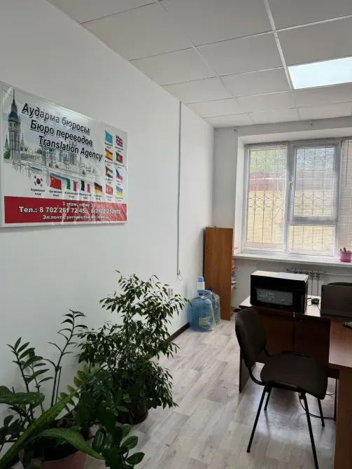 Офис переводческого агентства с зелеными растениями, столом и стеной с рекламным баннером