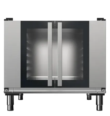 Современная печь с двумя стеклянными дверцами, выполненная в стильном металлическом дизайне