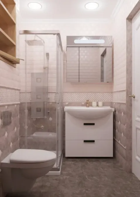 Заманауи душ бөлмесі мен стильді жиһазбен жабдықталған ванна бөлмесі