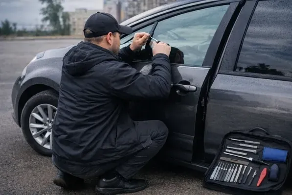 Құралдар жинағы бар автомобильді ашатын маман.