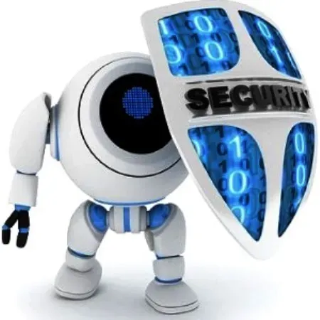 Мультяшный робот с круглой головой держит щит с надписью 