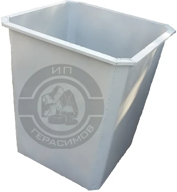 Металл қоқыс ведросы, тікбұрышты пішінде, сұр түсте, қақпағы жоқ.