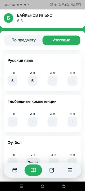 Рейтинг успеваемости ученика по предметам, включая русский язык, литературу, естествознание, физическую культуру, математику и информатику