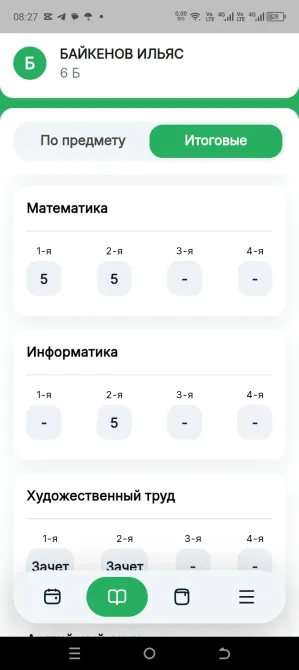 Учет образовательной деятельности ученика, показанные в формате таблицы с оценками