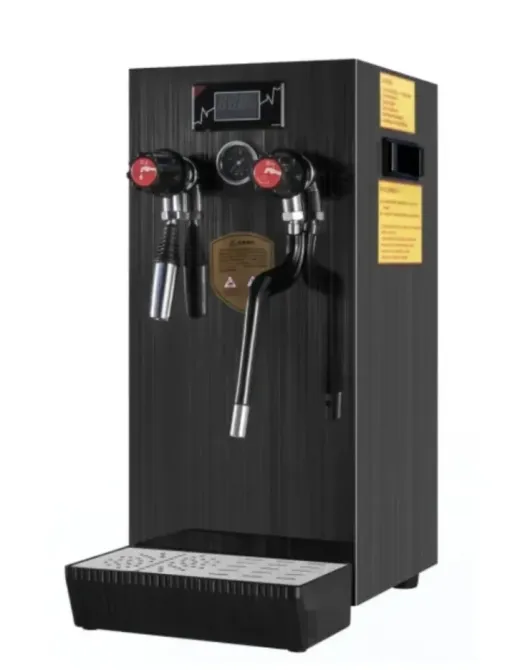 Кофемашина с двумя ручками для подачи кофе и дисплеем. Стильный черный корпус и подставка для чашек