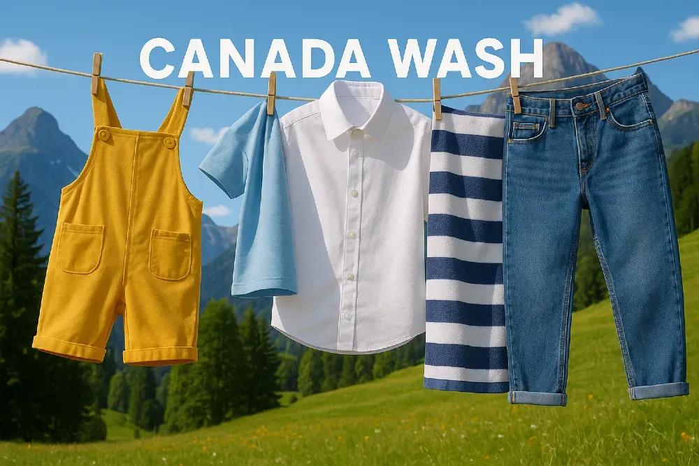 Одежда на верёвке с надписью Canada Wash, на фоне природы
