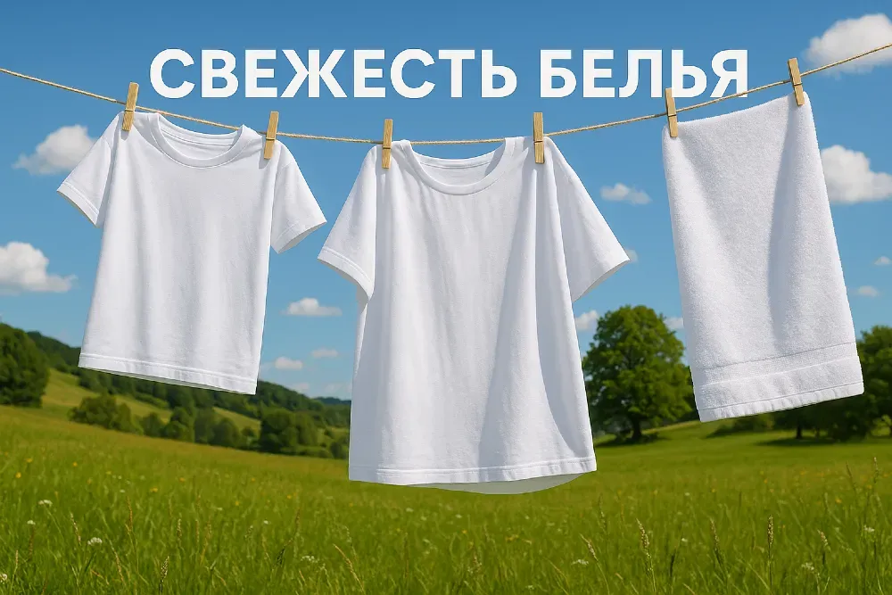 Одежда на верёвке с надписью Свежесть белья, на фоне природы