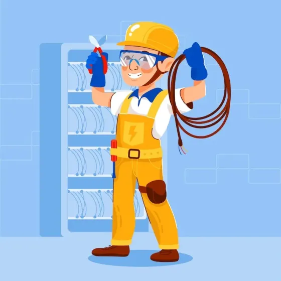 Мужчина-электрик с инструментами на фоне электросхемы