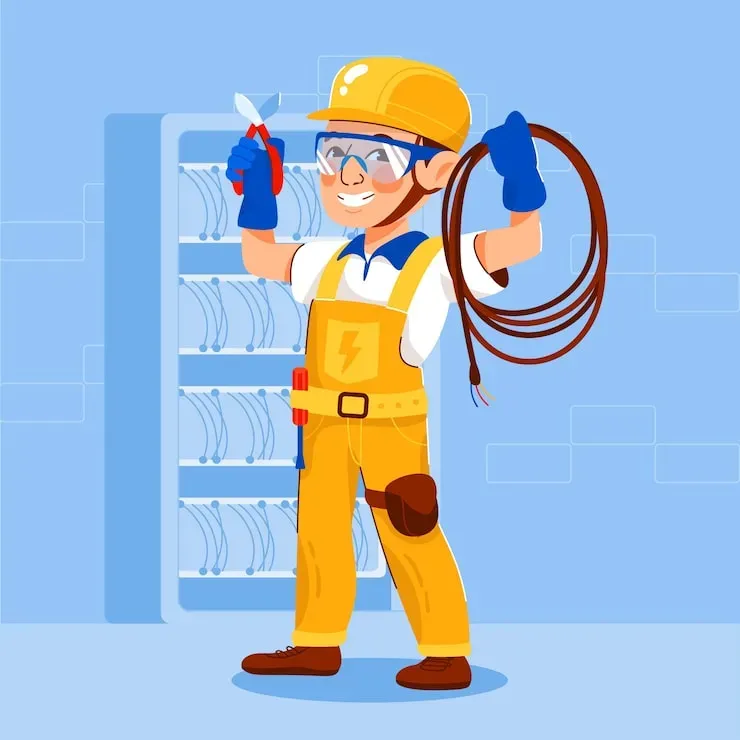 Мужчина-электрик с инструментами на фоне электросхемы