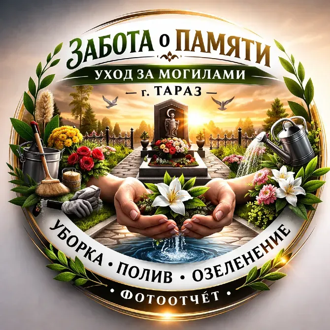 Услуги по уходу за могилами в городе Тараз, чистка, полив и озеленение, логотип компании 