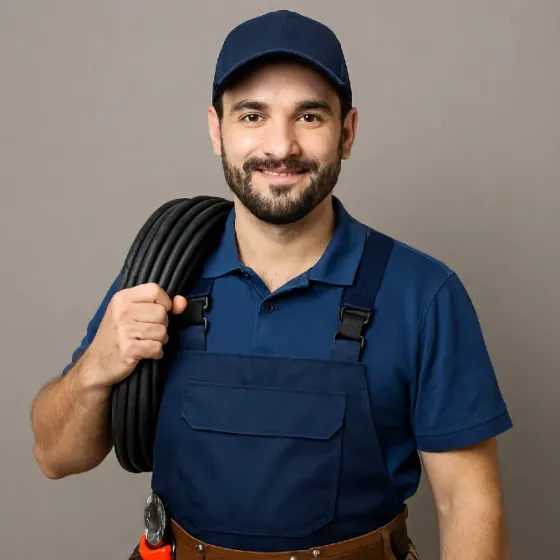 Мужчина в рабочей одежде улыбается, держит в руках черный шланг, фон серый