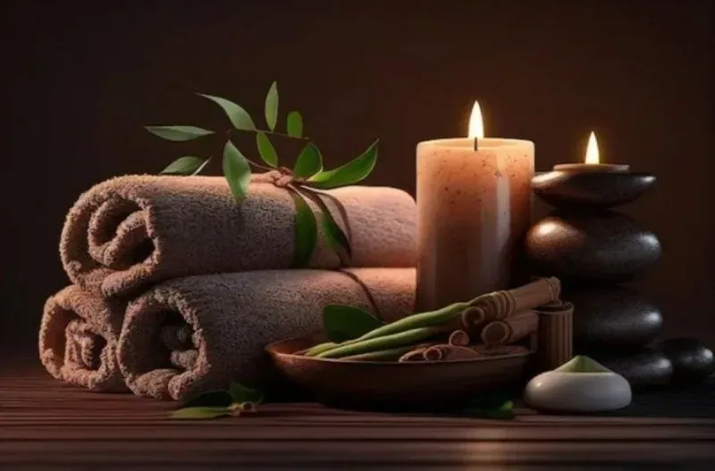 Набор для спа: рушники, свечи, камни и растения для расслабления