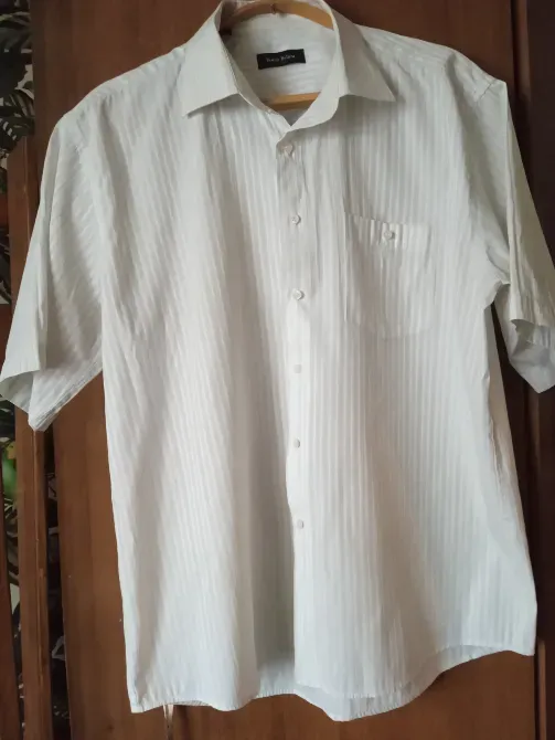 Мужская рубашка в белую полоску с коротким рукавом и карманом