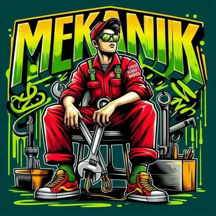 Механик в красной униформе с инструментами и очками на фоне графики