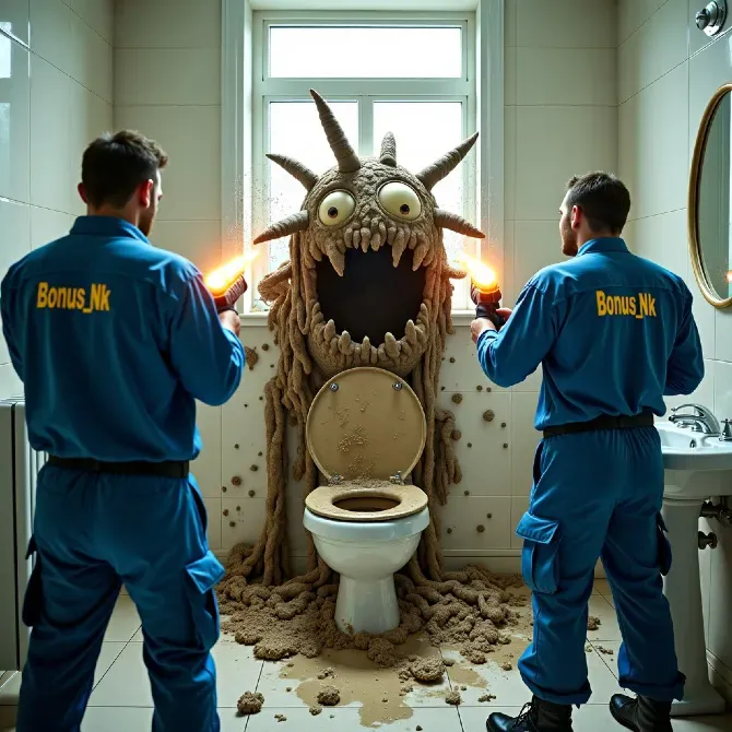 Два человека в санитарной форме стоят в ванной комнате перед туалетом, из которого выходит странное существо с острыми шипами. На заднем плане видно необычное оформление и посторонние предметы