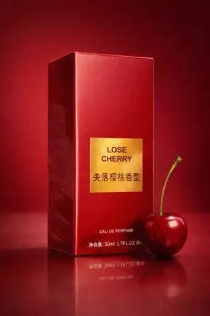 упаковка парфюма Lose Cherry на фоне гирлянд