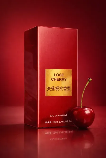 упаковка парфюма Lose Cherry с вишней на красном фоне