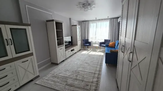 Современный интерьер гостиной с мебелью и телевизором