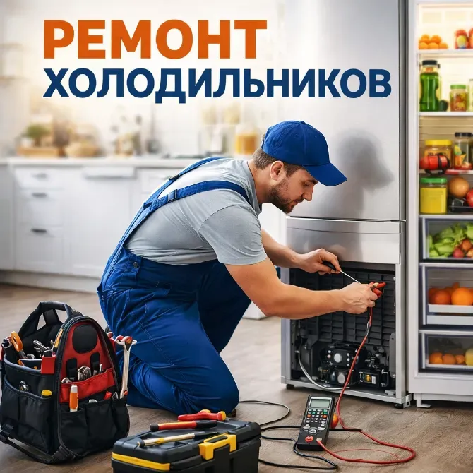 Ремонт холодильников, мастер в комбинезоне проводит диагностику холодильника