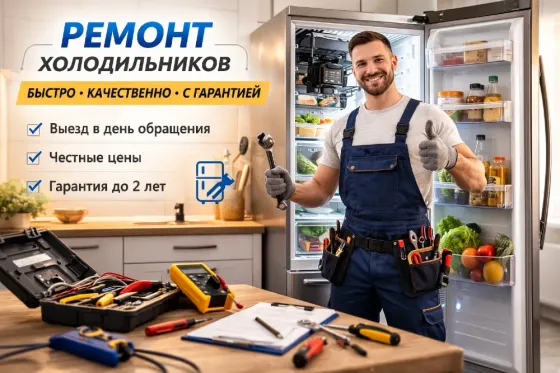 Ремонт холодильников, мастер с инструментами в кухне, быстро и качественно