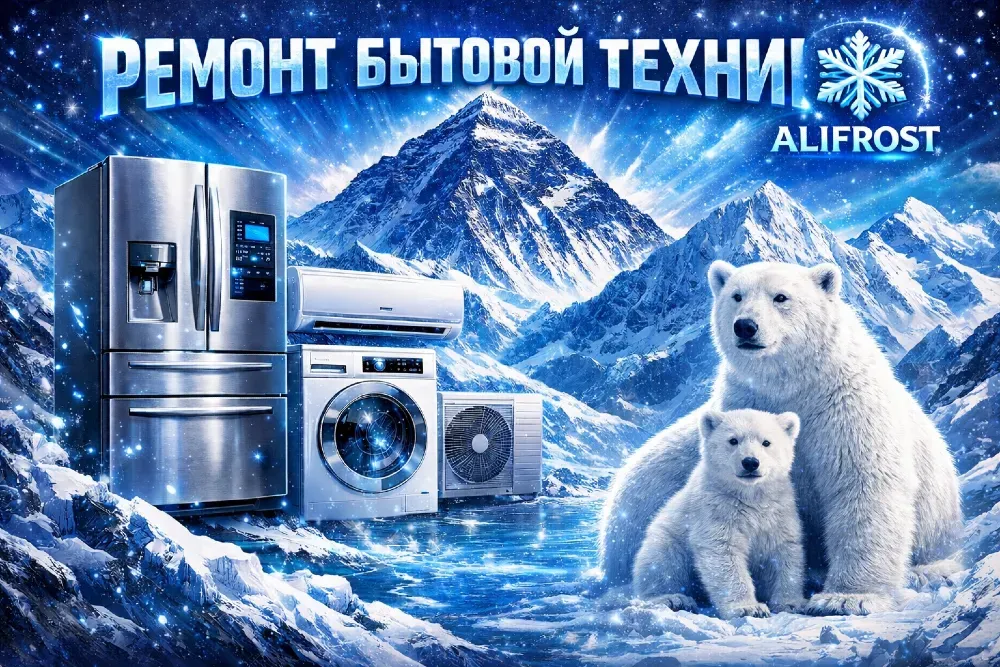 Реклама, посвященная ремонту бытовой техники, с изображением морозного пейзажа, белых медведей и различных бытовых приборов, таких как холодильник, кондиционер и стиральная машина, на фоне снежных гор
